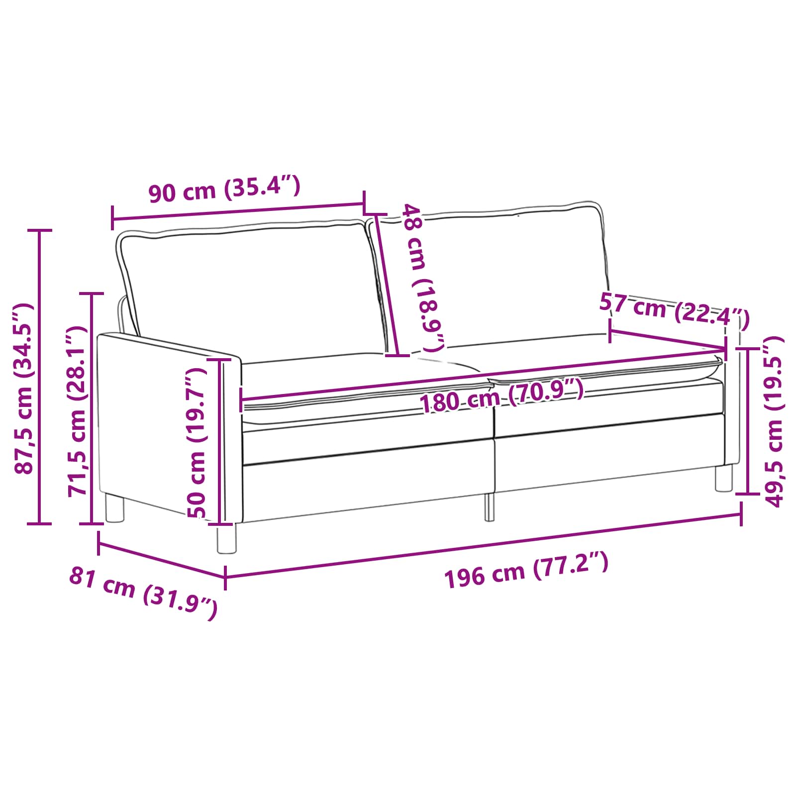 Sofa Sort 196 x 81 x 87,5 cm Stof